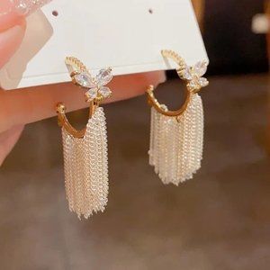 ZIRCON BUTTERFLY SILVER CHAIN GOLD EARRINGS 18K GOLD PLATED LUXURY PARTY DANGLE